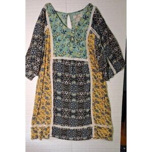 Bob Timberlake Womens Floral Paisley Patchwork Dress Crochet Lace Blue Yellow M